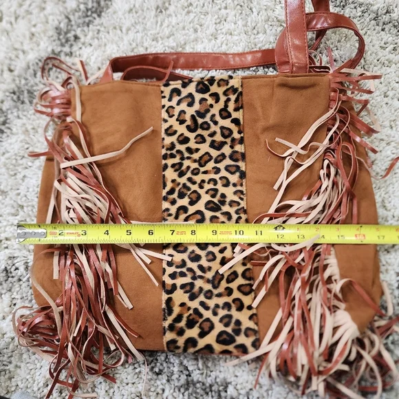 NWOT Leopard Fringe Faux Suede Shoulder Hobo Handbag - Picture 6 of 7
